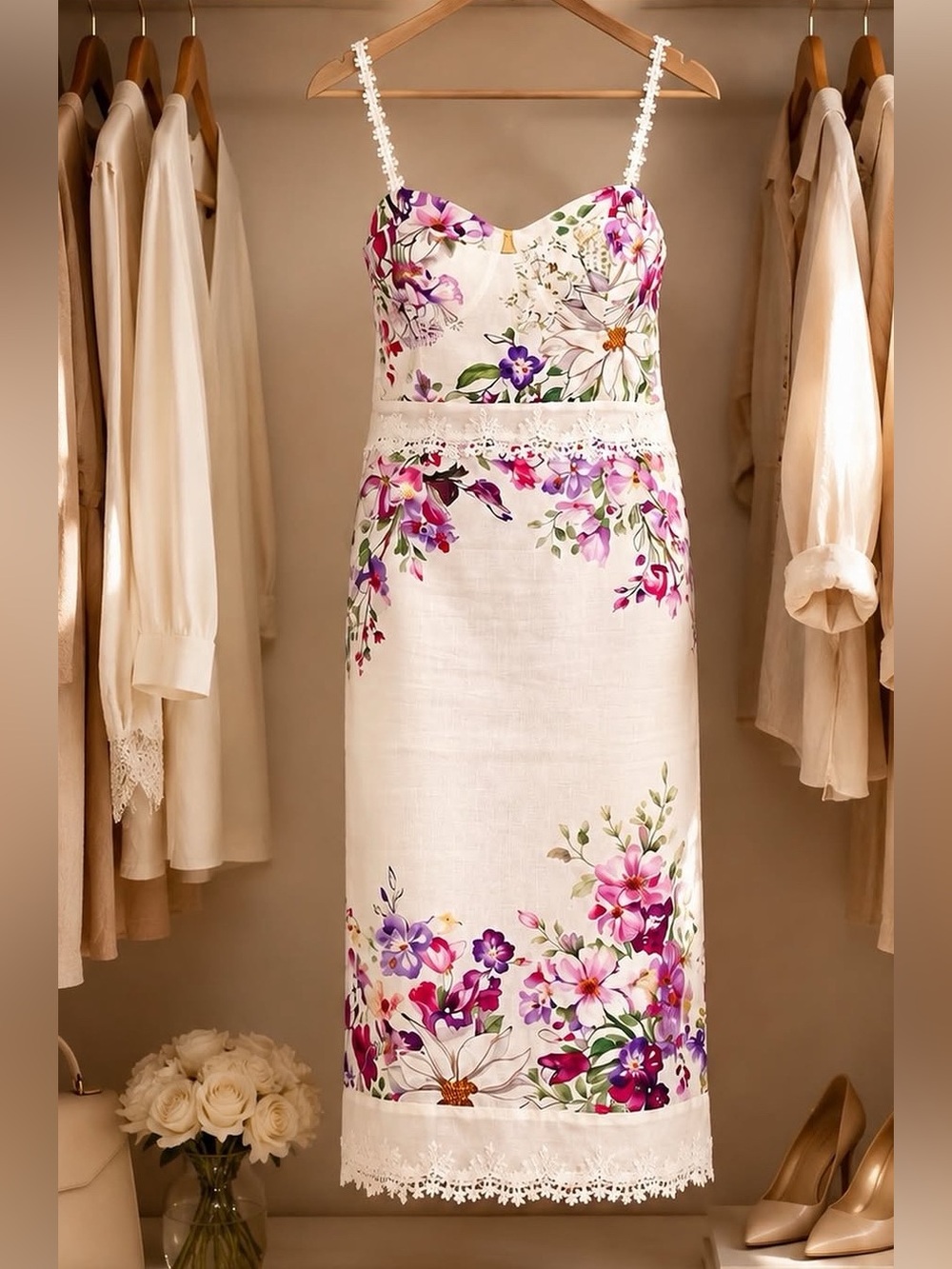 White Floral Lace-Trim Midi Dress with Pink & Purple Blooms